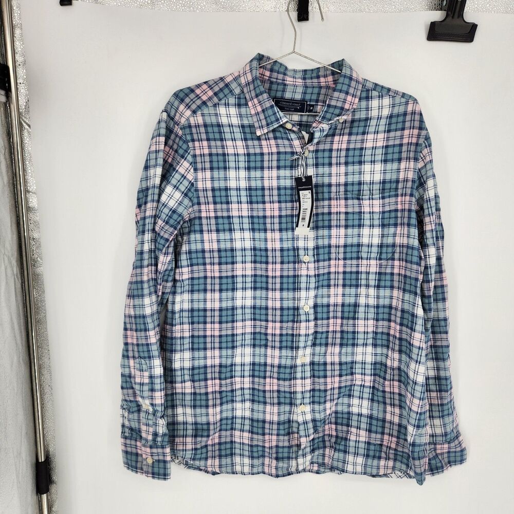 Vineyard Vines Men's Blue Medium Nobadeer Plaid Island Slub Shirt NWT